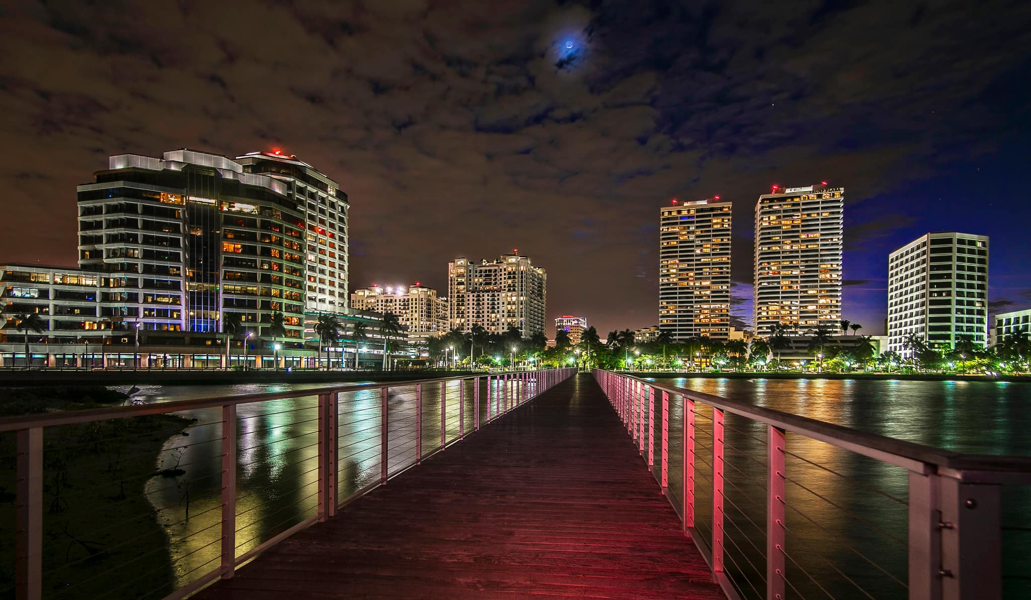 The West Palm Beach waterfront and downtown towers at night