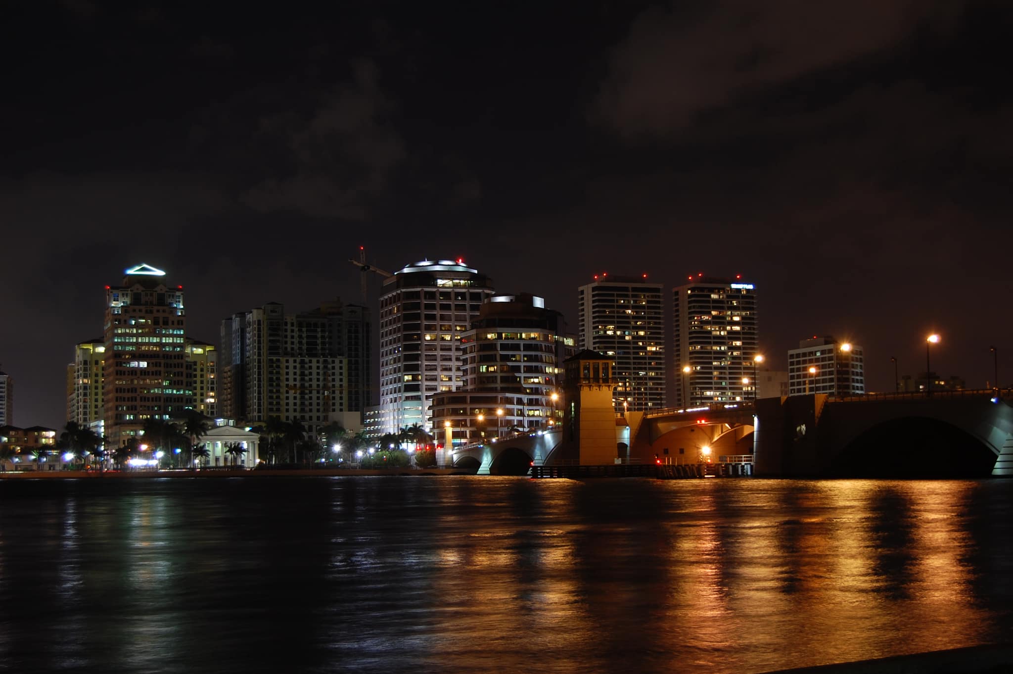 The West Palm Beach skyline across the Intracoastal at night